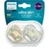 Lot de 2 sucettes Philips Avent Ultra Air Animals 6‑18 mois – coques extra-ventilées, silicone orthodontique, 98 % d’acceptation, étui micro-ondes.